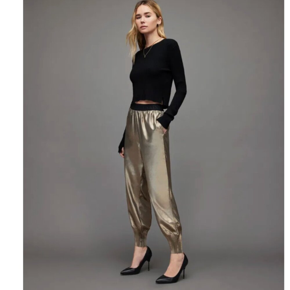 ALLSAINTS Nala Metallic Tapered Trousers Logo Waistband Size 8